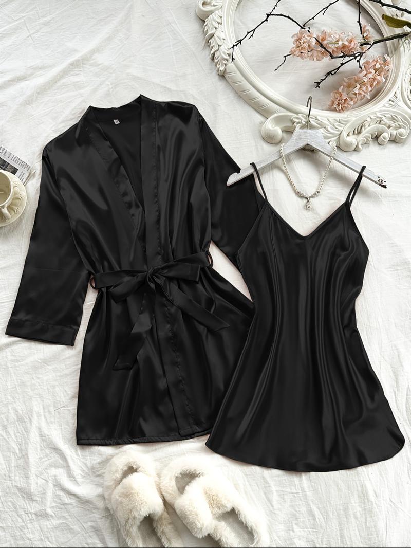 Women's Solid Belted Satin Pyjama Two-piece Set, Long Sleeve Cami Night Dress & Robe Pj Set, Women's Sleepwear for All Seasons