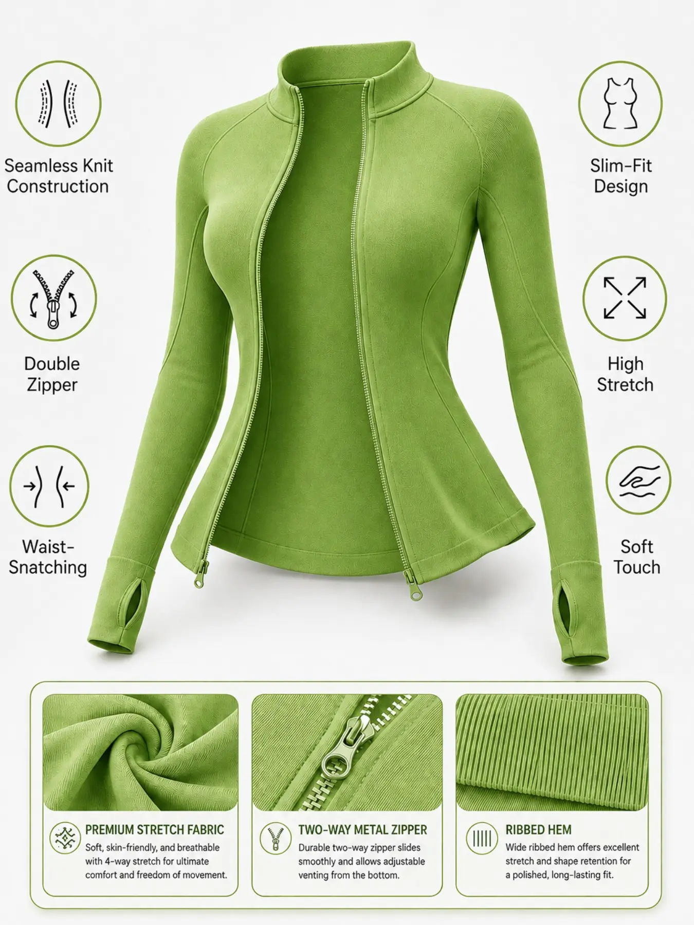 Seamless Slim Fit Zipper Long Sleeve Casual Sportswear Jacket, Running Training Fitness Top, Daily Wear Outerwear