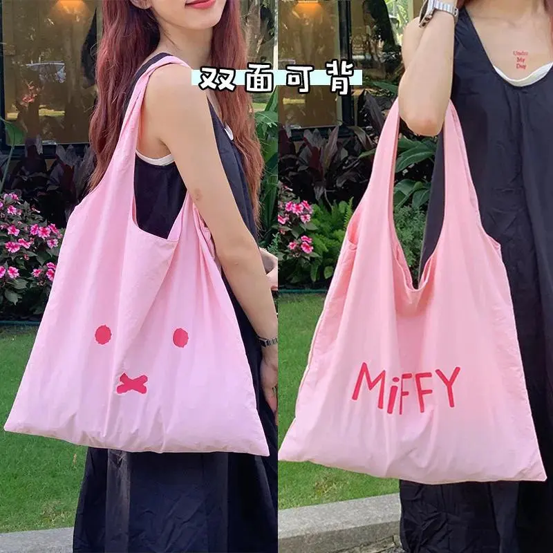 ​​Miffy Rabbit Chic Tote Bag Shopping Lightweight Student Shoulder Purse for Daily Commute Soft Cotton with Cute Bunny Emojis