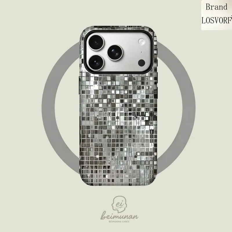 Silver Disco Mosaic Tile 2-in-1 Shockproof Phone Case, Retro Glitter Mirror Grid Design, MagSafe Compatible Durable Protective Cover for iPhone 11 12 13 14 15 16 17 Pro Max Plus, Stylish Birthday Gift