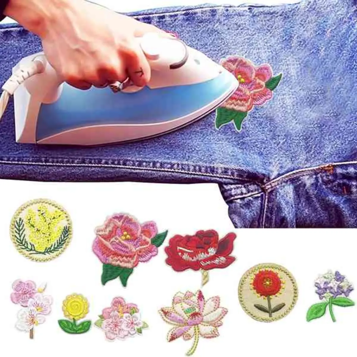 13Pcs Floral Embroidery Patches Set Fabric Iron On Applique Rose Hydrangea Flower Designs DIY Clothing Decor for Jackets Hats Bags Crafts
