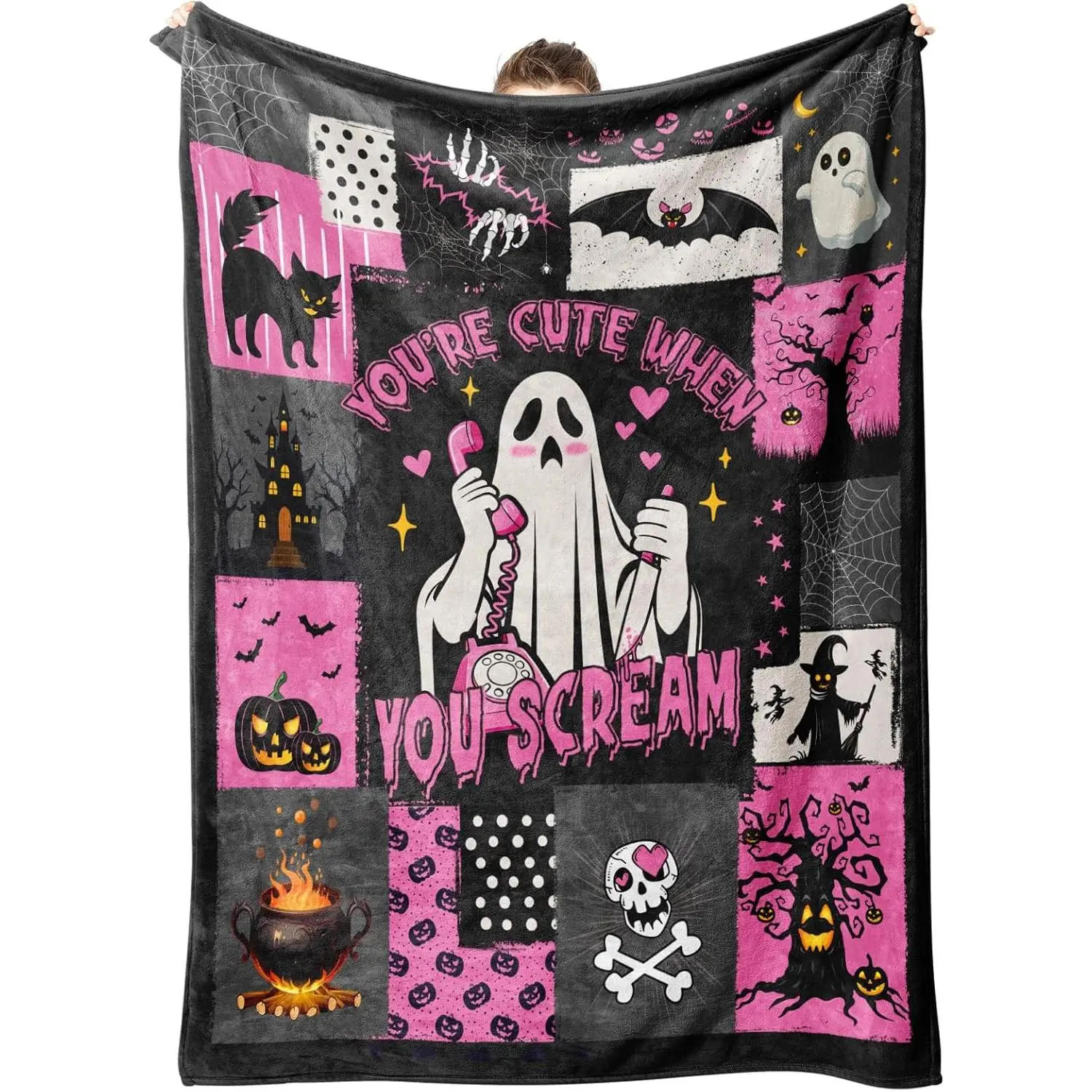 You’re Cute When You Scream Pink Halloween Flannel Throw Blanket, Spooky Cute Ghost, Bat, Black Cat and Pumpkin Design, Soft Cozy Couch Blanket and Halloween Gift