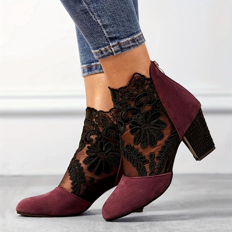 Elegant Black Lace Ankle Boots with Floral Patterns - Comfortable Chunky Heel, Back Zip Closure, Round Toe Design, Breathable Fabric Upper & TPR Sole for Stylish Women Girl Footwear Walking Shoes Decor