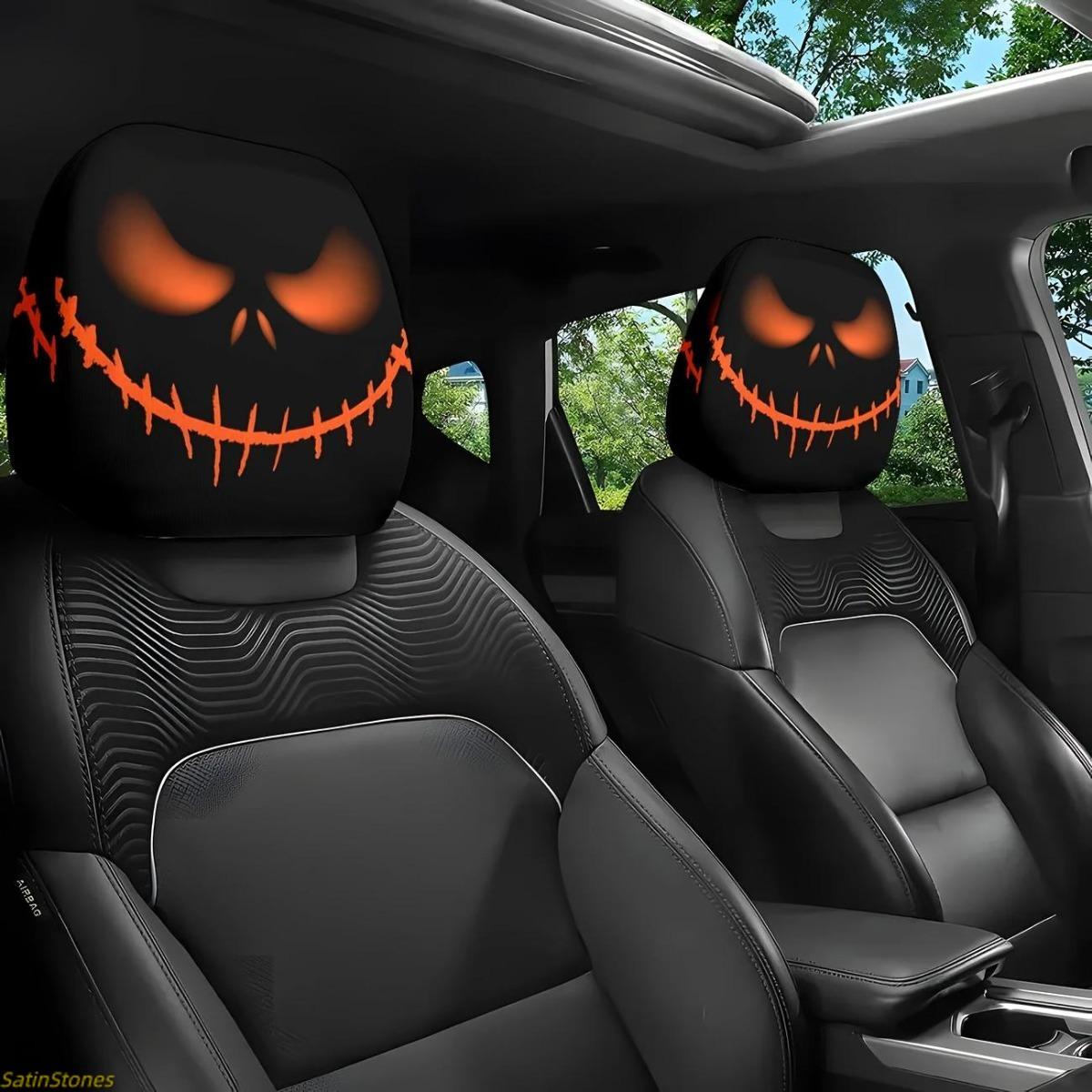 2 Pack Halloween Pumpkin Head Pillow Covers, Skull Design, Glowing Eyes, Car Ornaments, Spooky Car Accessories, Festive Atmosphere, Easy to Install, Universal Fit