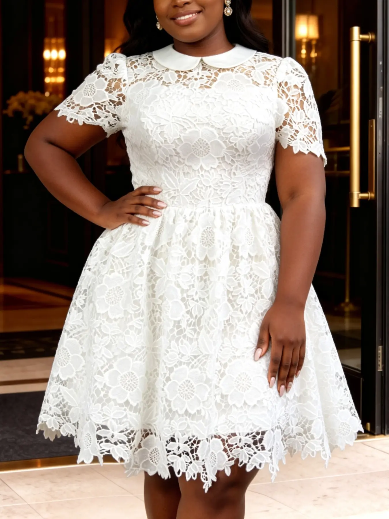 AOMEI Plus Size Women Elegant Floral Lace A Line Mini Dress Peter Pan Collar Short Sleeve Wedding Guest Church Casual Spring Summer Outfits