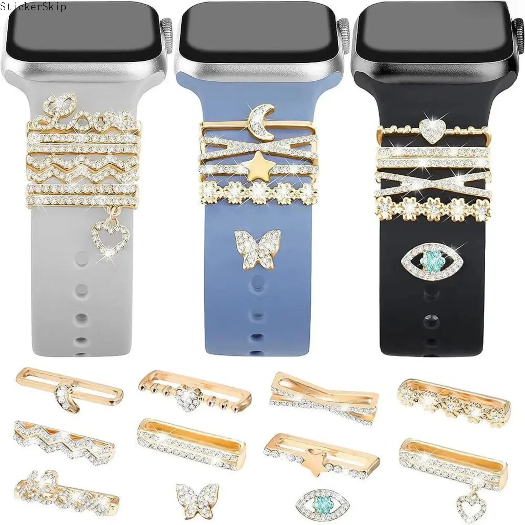 Rhinestone Heart Moon Star Butterfly Evil Eye Watch Band Decorative Ring Loop Set, Fashion Ornaments for Silicone Smart Watch Straps, Trendy Accessories for Women & Girls, Perfect Birthday Gift, Personalized, Wearable