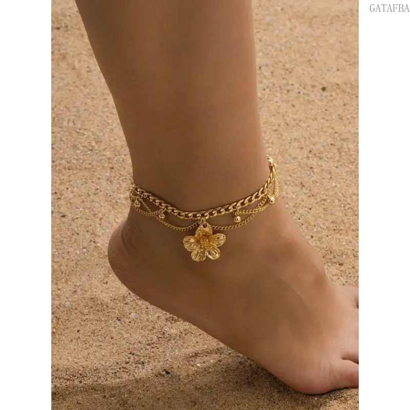 Women Multi-Layer Fringe Gold Flower Pendant Anklet, Elegant Foot Jewelry For Beach Daily Wear