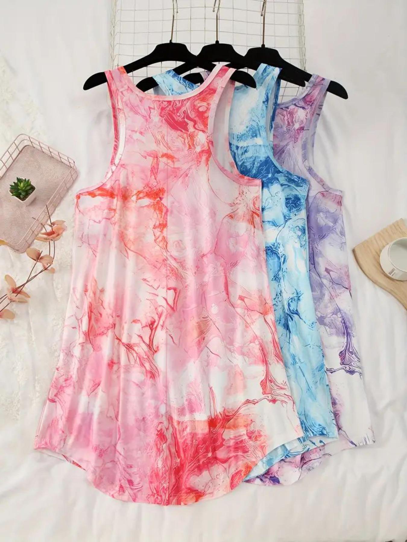 Plus Size Tie Dye Print Tank Nightdress, Casual Soft Comfortable Round Neck Sleeveless Nightgown For Women, Women's Sleepwear For All Seasons
