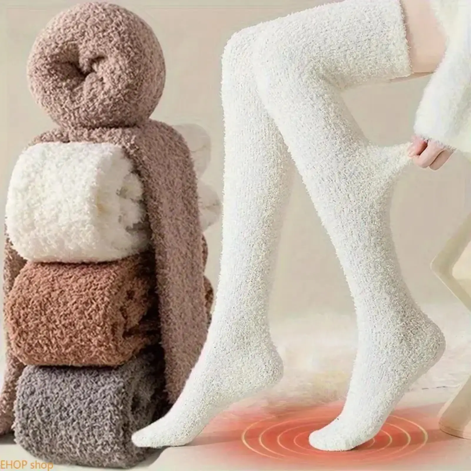 Women's 4pcs White (2-Pairs) Plain Polyester Thigh High Socks, Cute Solid Plush Thermal Warmth Loungewear Bed Sleep Long Stockings Set