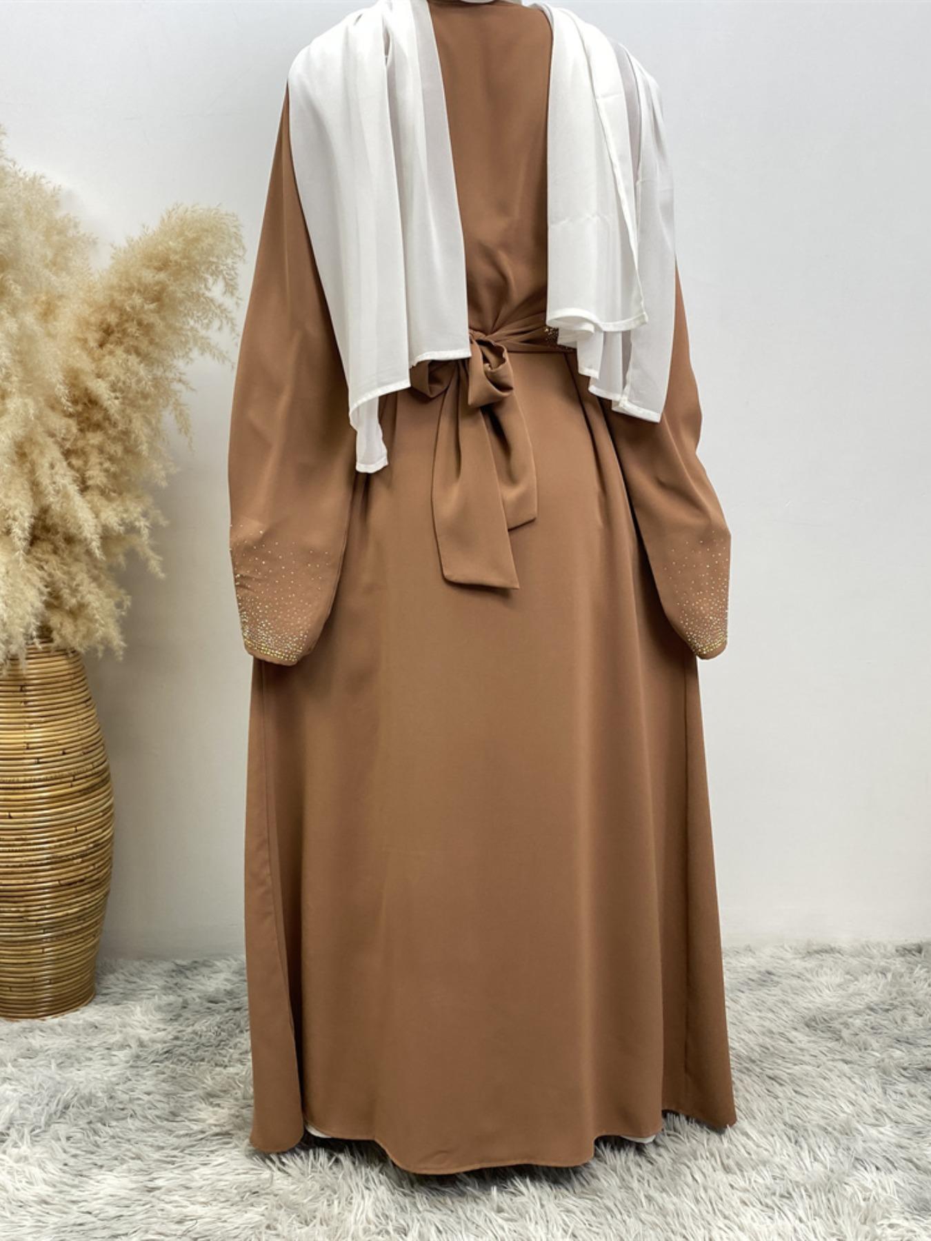 Women's Glitter Rhinestone Embellished Belted, Long Sleeve Open Front Abayas for Eid, Women's Islamic Clothing for Spring & Fall