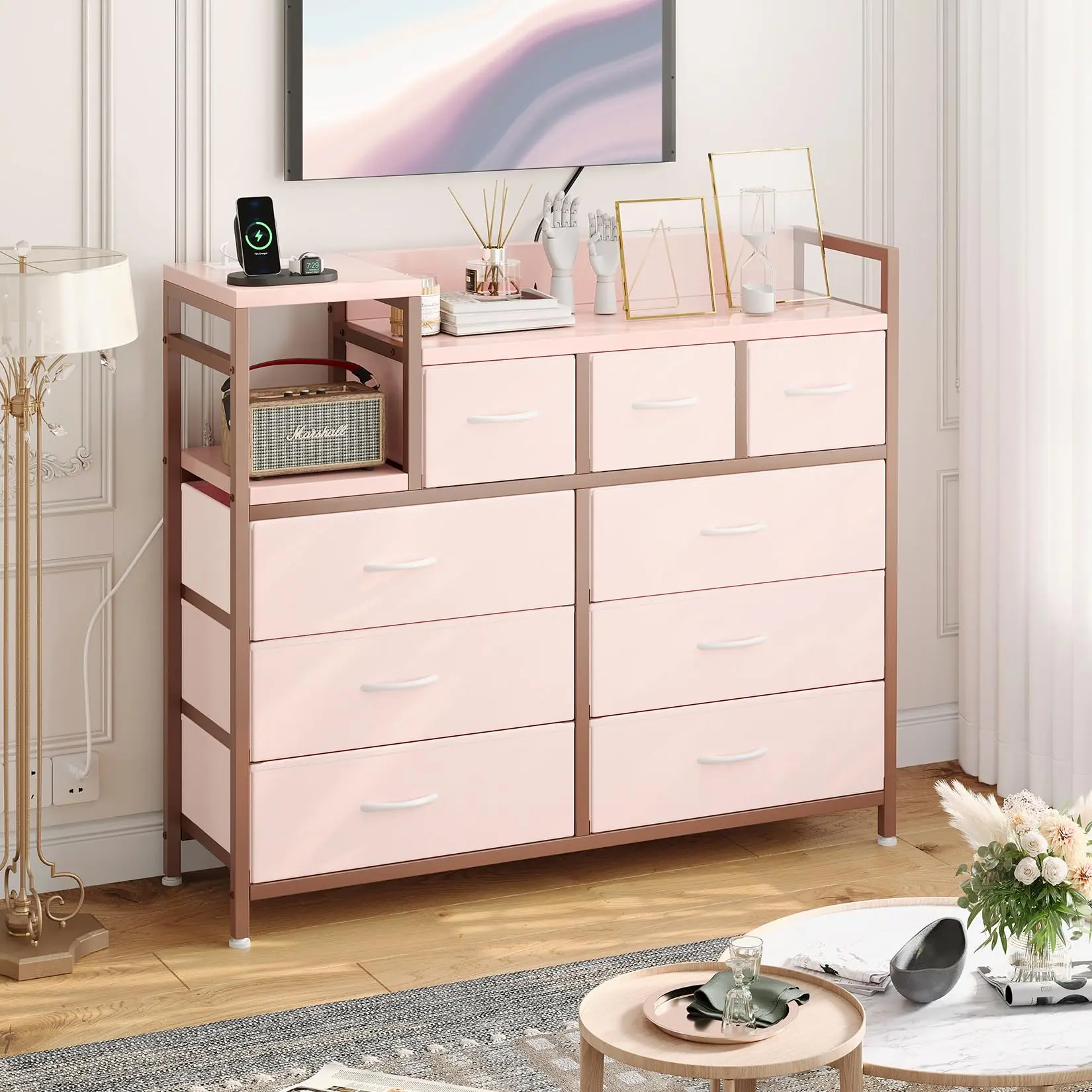 GARVEETV Stand with Charging Station, Bedroom Dresser for Living Room TV Stand with 9 Drawers, Pink