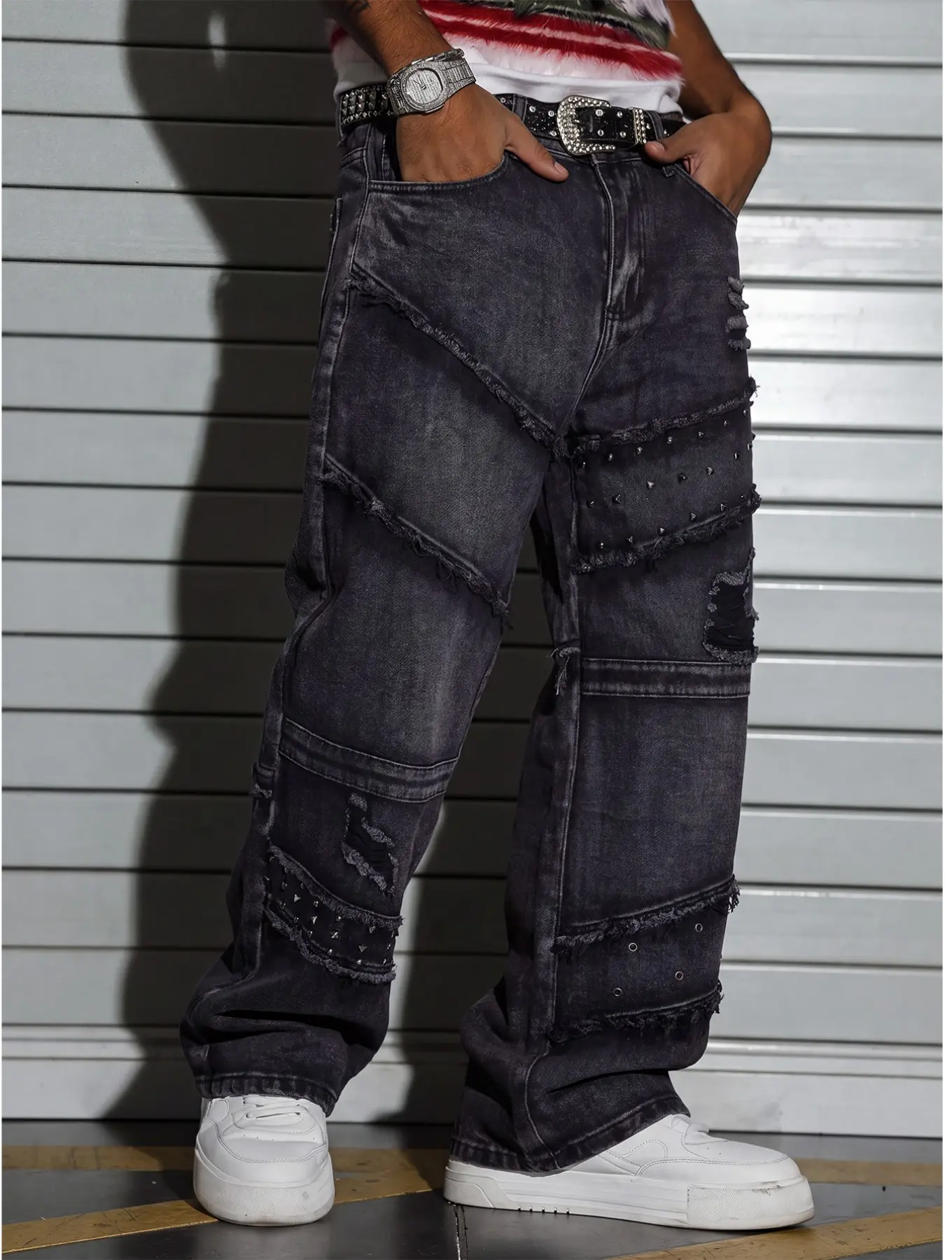 Men Black Grey Distressed Patchwork Jeans Loose Straight Leg Studded Denim Pants