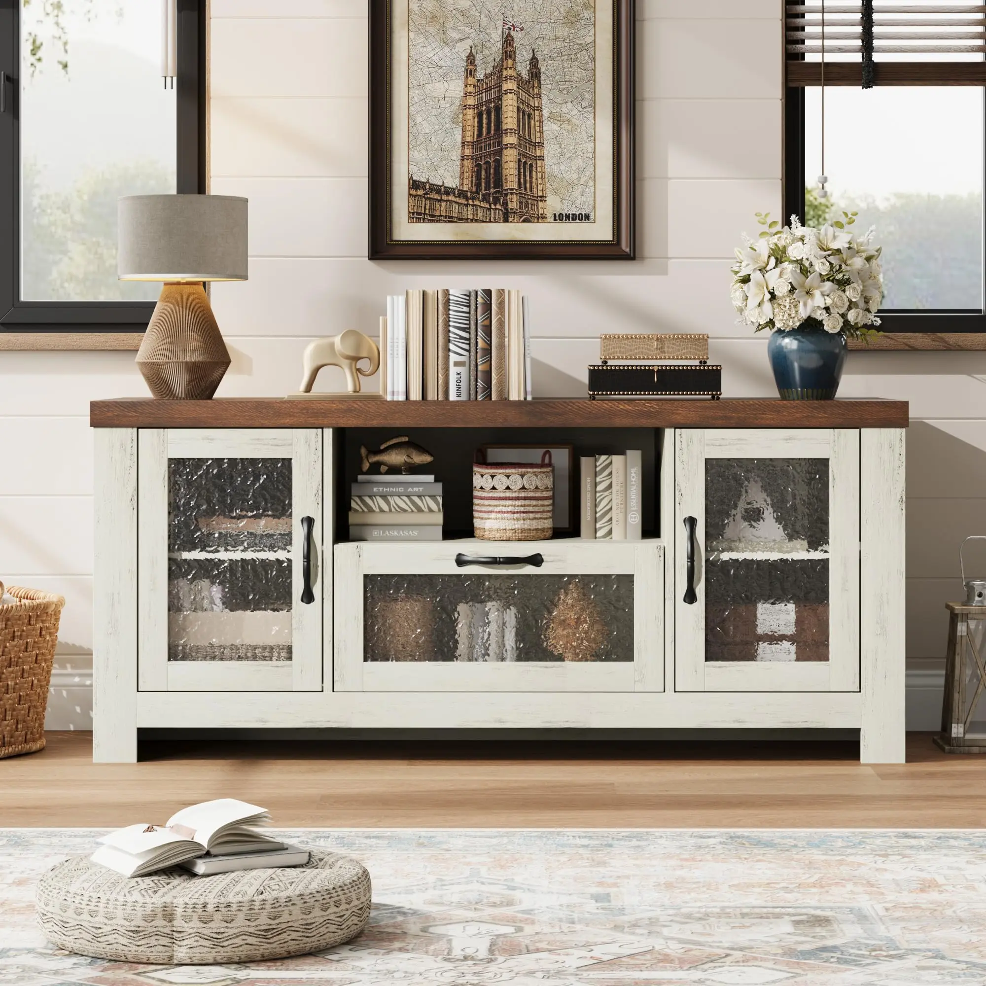 Farmhouse Buffet Cabinet with Acrylic Doors - Adjustable Shelves, Ample Storage, Solid Wood Frame Wood Cabinetry TV Stand - Modern Farmhouse, Rustic Style TV Stands & Multimedia Centres for Dining, Living Room