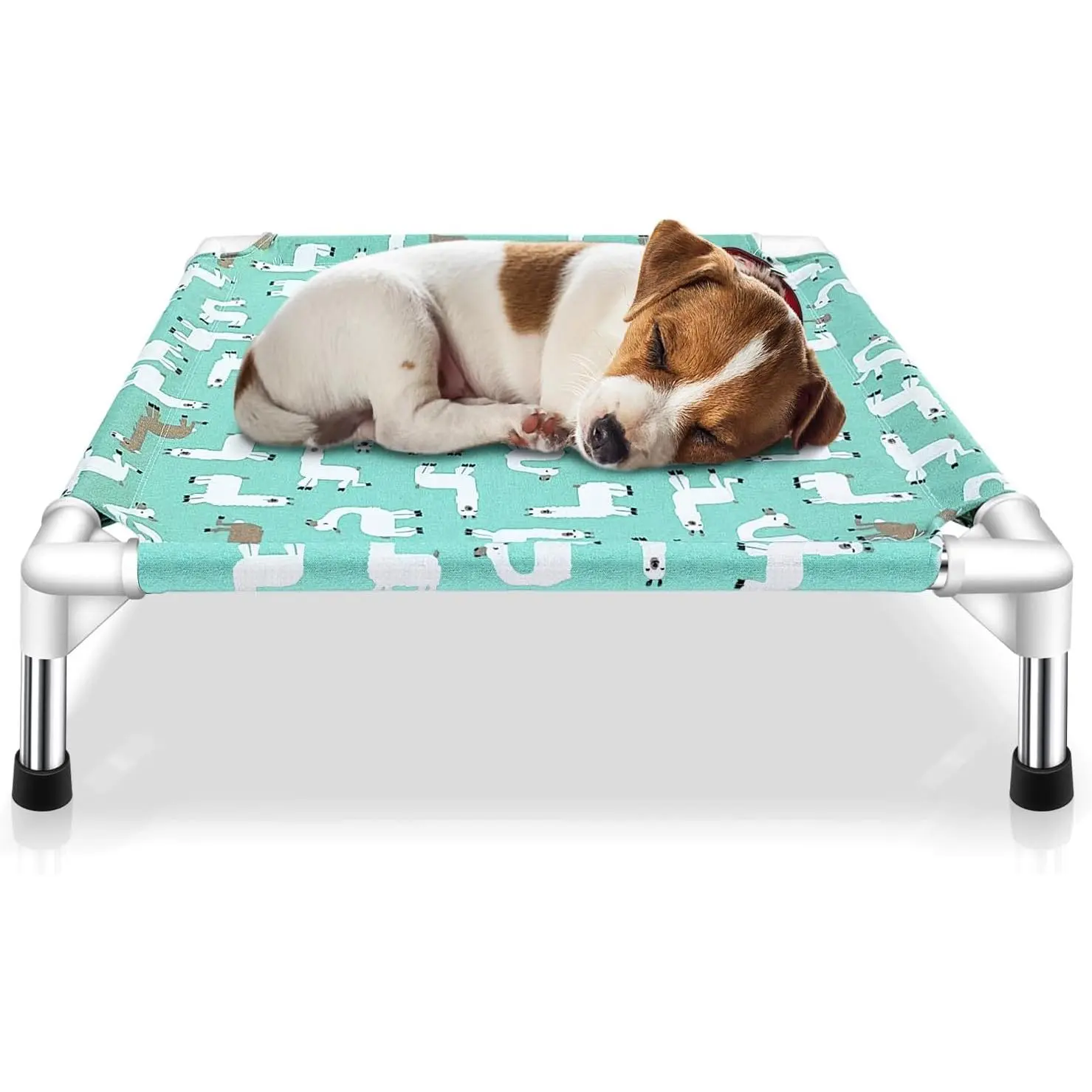 Elevated Dog Cot Bed for Small Dogs, Indoor & Outdoor Pet Bed with Alpaca Print, Breathable Fabric, Stainless Steel Frame and Anti‑Slip Feet