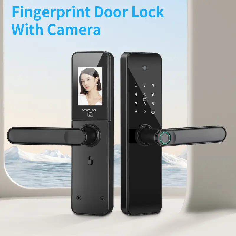 Smart door locks, biometric keyless entry locks, with app, remote unlocking, keyless entry locks, fingerprint door locks, with numeric keypad, IC card, virtual PIN, and wide-angle camera; suitable for homes, rental properties, and offices; easy to install