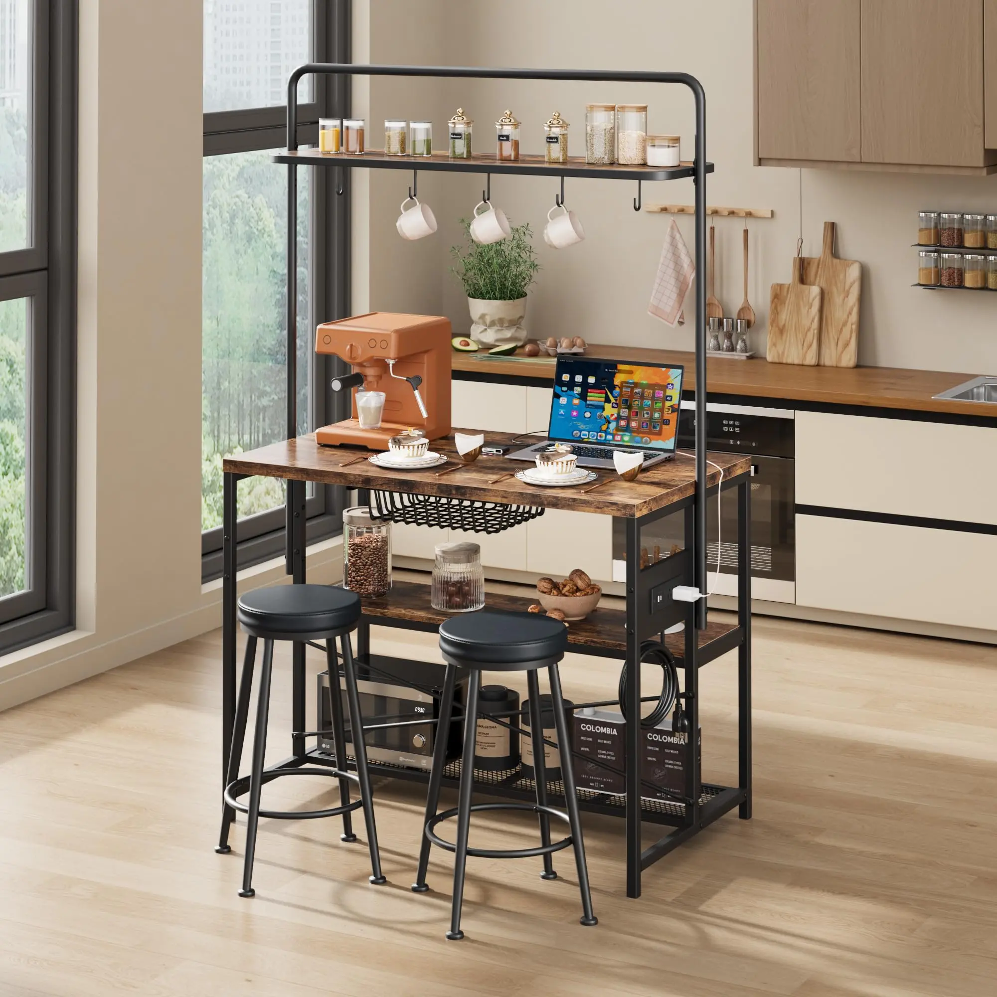 Industrial Metal Farmhouse Wood Kitchen Island Dining Table with Built-In Seating, 2 Bar Stools, 4.92ft Power Cord, 2 USB/2 AC Outlets, 3-Tier Baker's Rack (5 Hooks), Storage, 400lb Capacity Microwave/Coffee Bar (Assembly Required) for Dining/Living Room