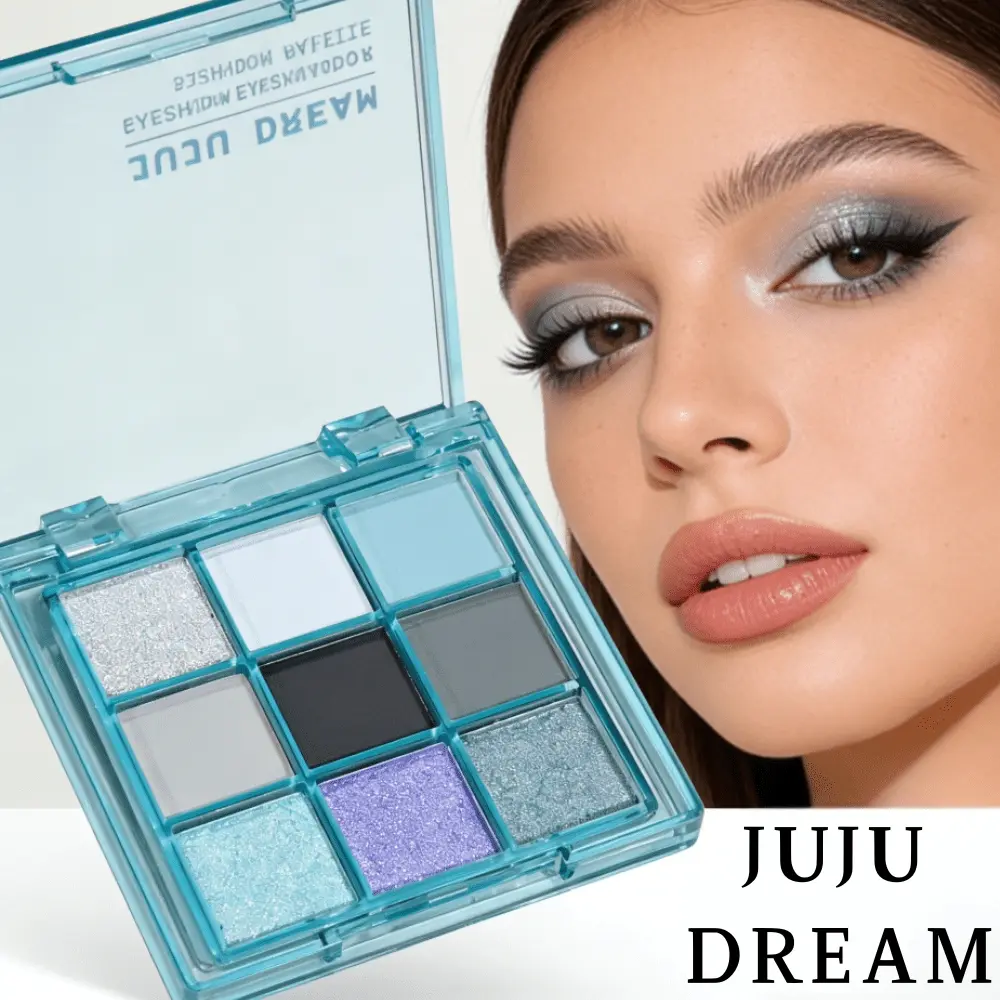 JUJU DREAM 9 Shades Cool Blue Grey Eyeshadow Palette, Silky Blendable Pigment With Minimal Flyaway Powder, Create Cool Smoky Grunge Eye, Mermaid Sparkle & Y2K Cyber Cool Eye Looks, Transparent Cyan Compact, Perfect For Creative Trendy Makeup Lovers