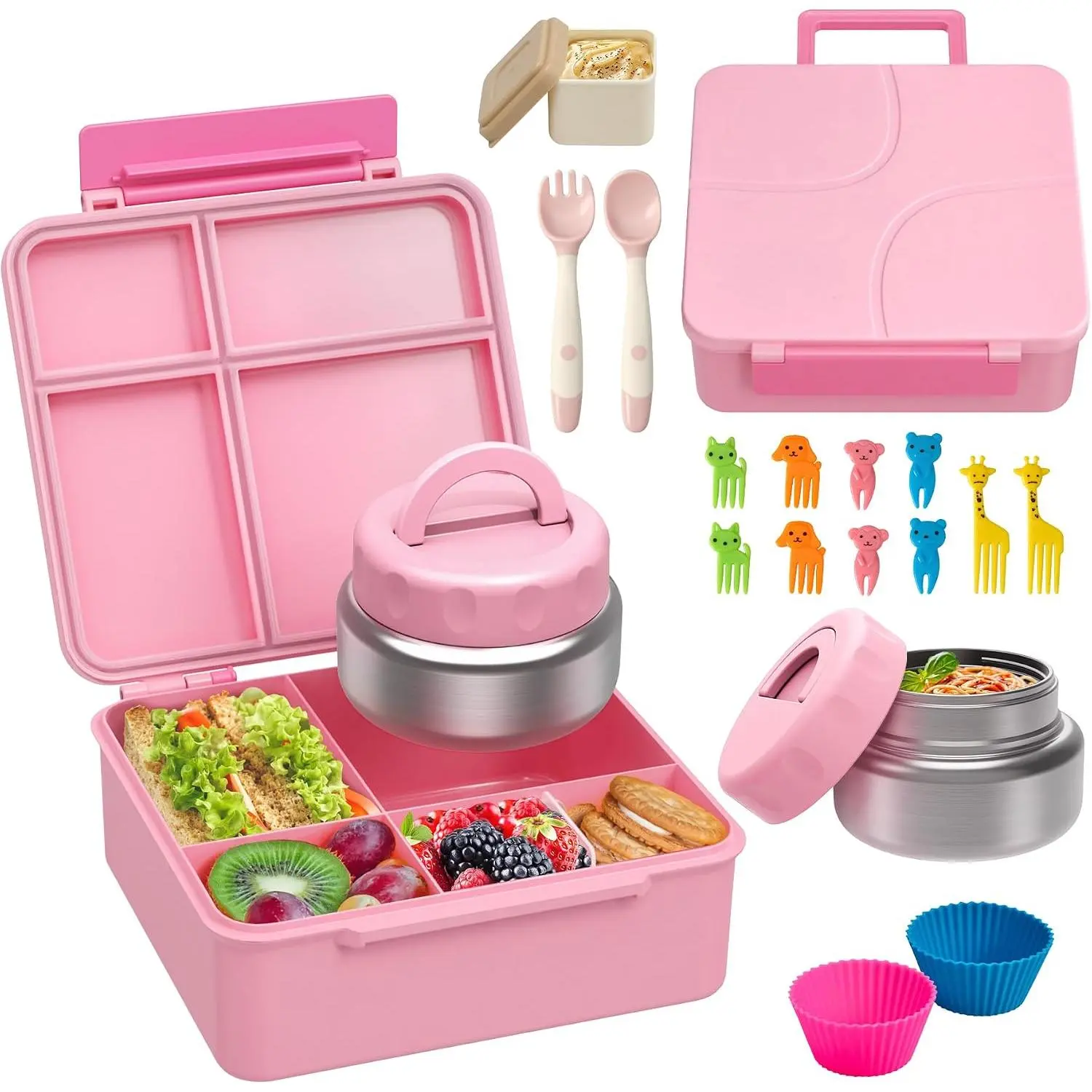Bento Lunch Box with 9.5 oz Soup Thermo,  Leakproof 4 Compartments Bento Box with  Cupcake,Fruit Fork,Spoon and Sauce Cup,Insulated  Jar for School Travel-