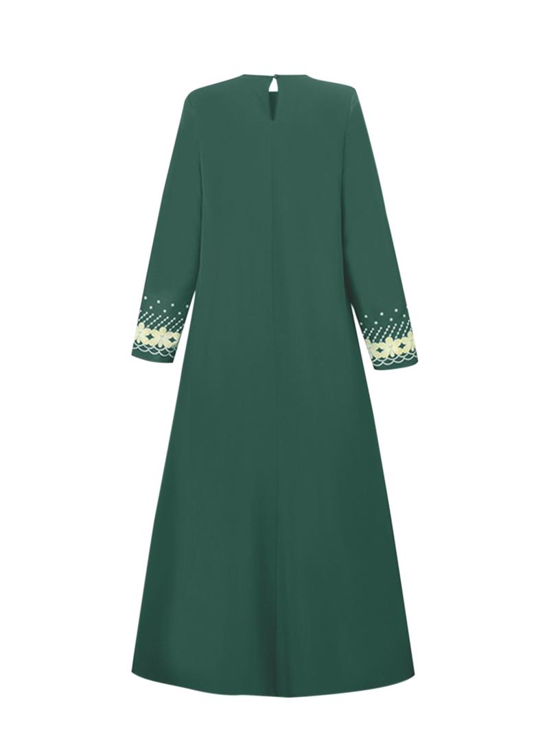 Women's Floral & Dot Print Long Sleeve Maxi Dress, Modest Round Neck Arabian Dress for Daily Wear, Ladies Islamic Clothing for All Seasons