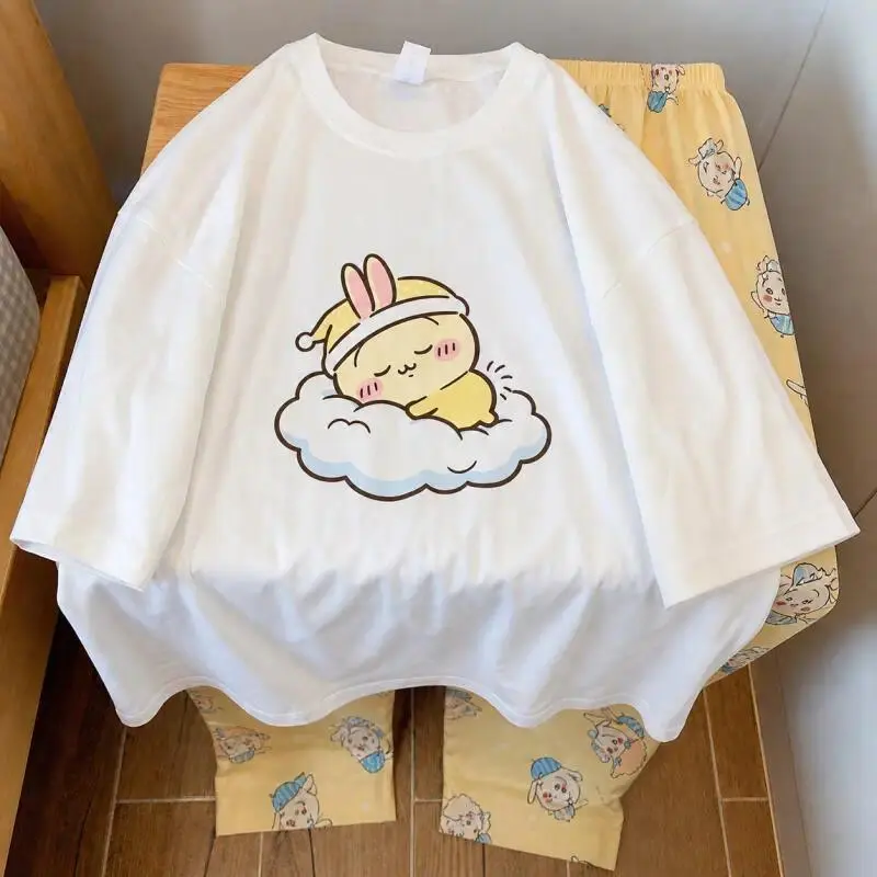 2Pcs Anime Chiikawa Homewear Usag Pajama Set Hachiware Round Neck Tops and Pants Set Cute Cartoon Household Clothes Set Gift