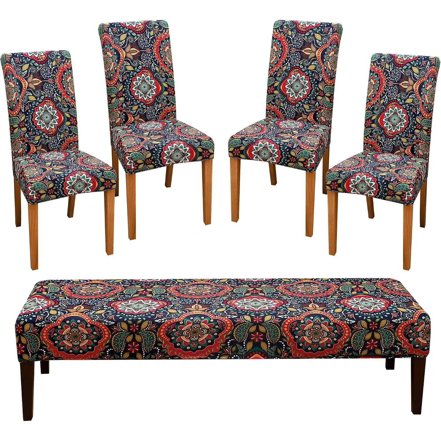 Boho Printed Stretchy Removable Washable Dining Chair & Bench Covers Set for Home & Events - 4 Parson Chair Slipcovers + 1 Bench Cover