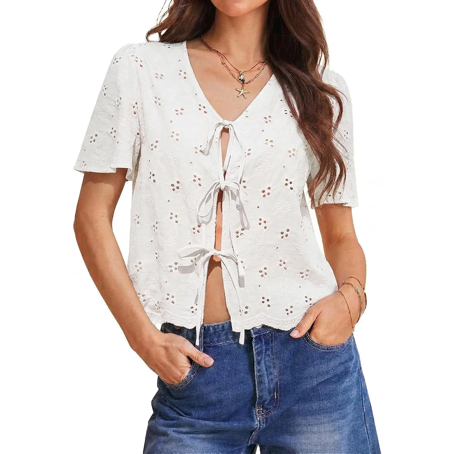 Womens Cotton Tie Front Tops Boho V Neck Eyelet Shirt Embroidery Cute Summer Beach Vacation Outfit Flowy Cover Up(Gift)