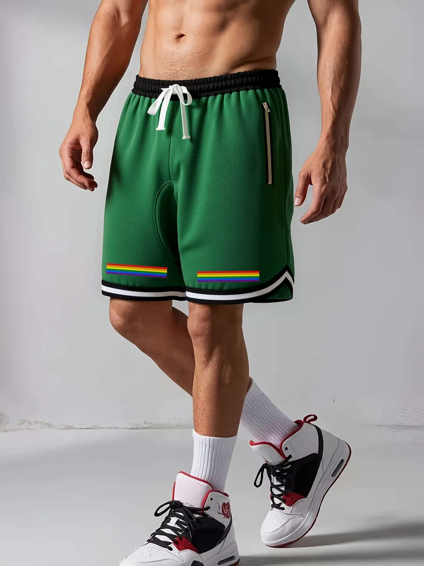 Men's Rainbow Stripe Print Basketball Shorts, Quick-Dry Mesh Five-Quarter Pants, Drawstring Zipper Pockets, Sporty Fitted Style, Sports Shorts, Active Shorts, Jersey Shorts