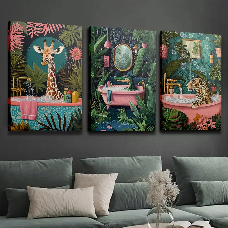 3-piece framed canvas painting set - Bohemian style animal bathroom decor posters: Giraffe, leopard, crocodile in the bathtub - Tropical jungle design with pink details - Minimalist wall art, suitable for dorms, apartments, living rooms, bedrooms, modern