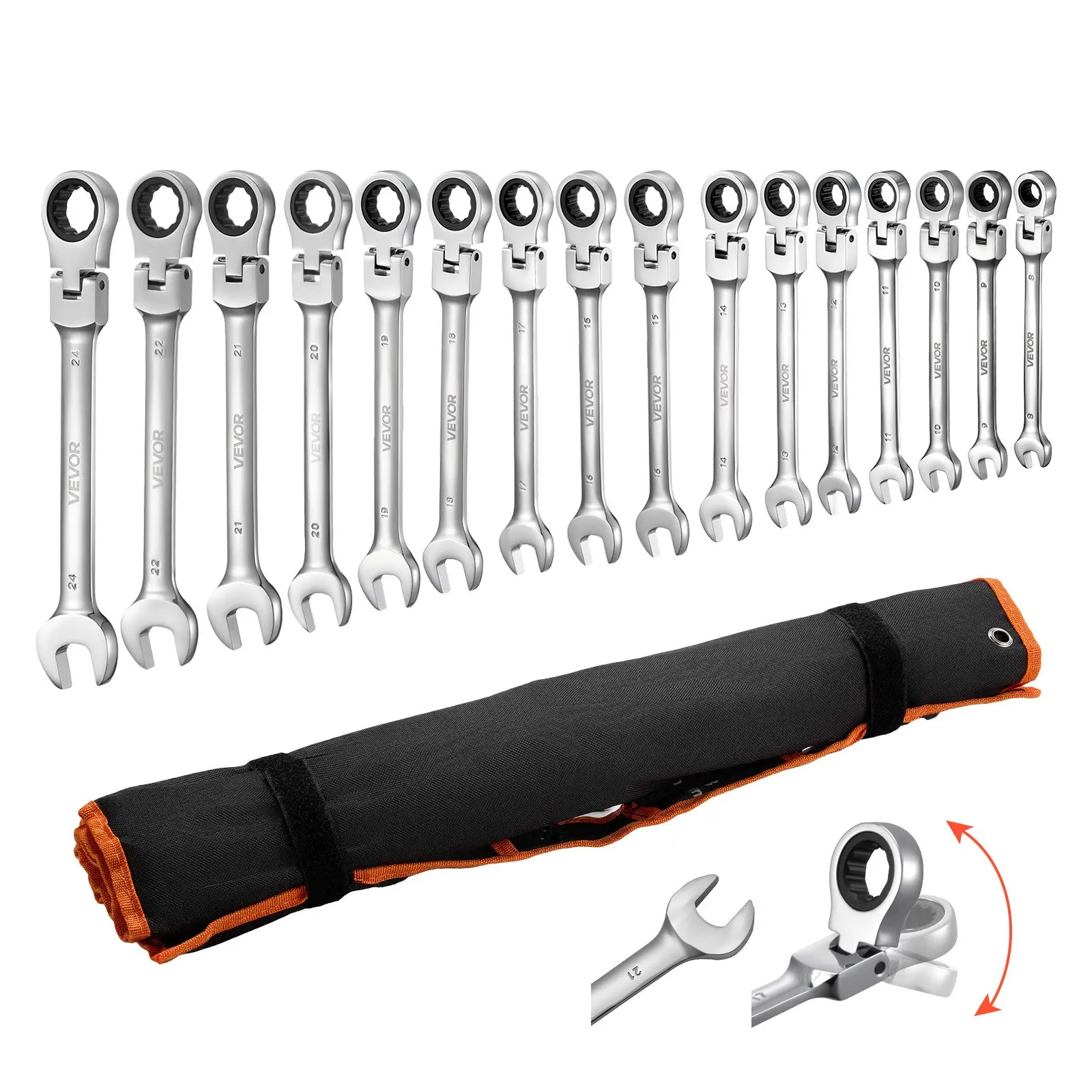 【Summerfinds】VEVOR Flex-Head Ratcheting Wrench Set, 30-Piece SAE and Metric, 72 Teeth, Cr-V Steel Ratchet Flexible Combination Wrench Set with Roll Up Pouch, for General Household and Automotive Repairs, Silver