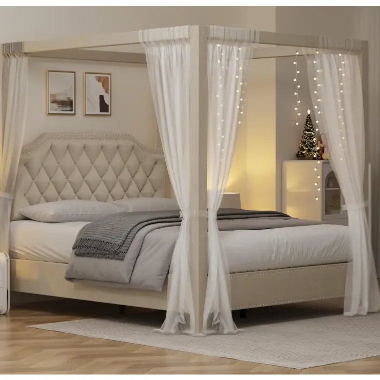 Queen Upholstered Canopy Bed with Tufted Headboard & Nailhead Trim – Linen Platform, No Box Spring, Easy Assembly – Beige/Grey, Ships in 2 Boxes