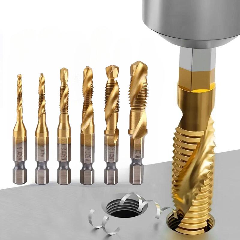 New 6 Pack Titanium Coated Drill and Tap Set Professional Thread Tap Drill Bit Set with 1/4" Hex Shank for Woodworking & Metalworking