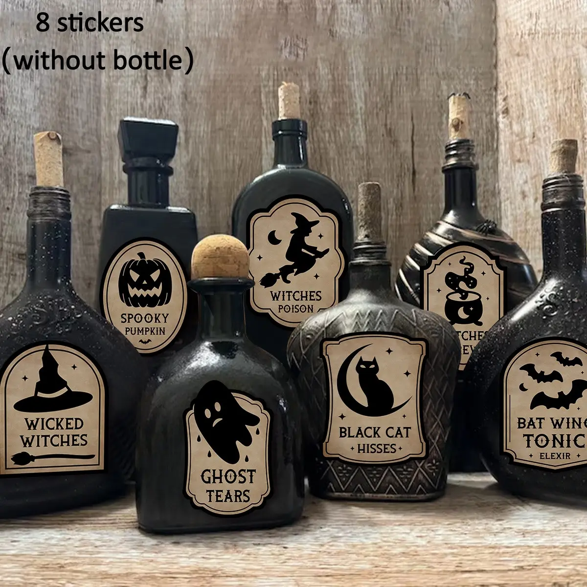 8pcs Spooky Halloween Apothecary Bottle Label Stickers - Vintage Gothic Potion Bottle Labels with Witch, Black Cat, Pumpkin & Skull Designs, Halloween Wine Labels, Halloween Party Decorations