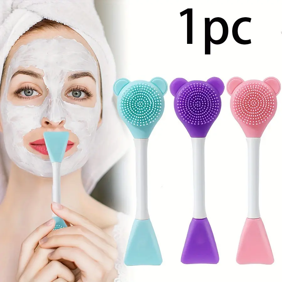 Bear-Shaped Face Brush and Silicone Spatula Combo, Ergonomic Handle, Ideal for Mask Application, Home Skincare Tool for Women
