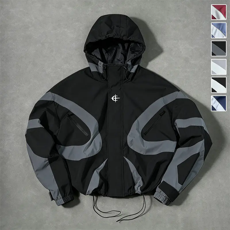 New Fashion Color Block Panel Hooded Jacket for Men, Curved Splicing Full Zip Outer Coat With Drawstring Hem, Loose Oversized Long Sleeve Windproof Streetwear Outer Top