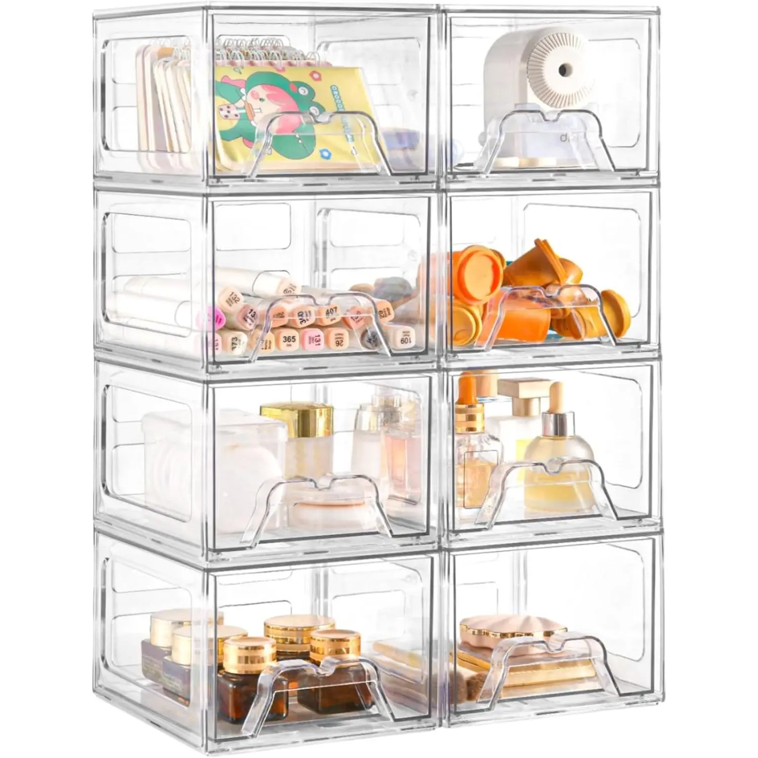 8 Pack Clear Stackable Plastic Storage Drawers, Acrylic Bins for Fridge Organizers, Small Drawers for Makeup Cosmetics Display