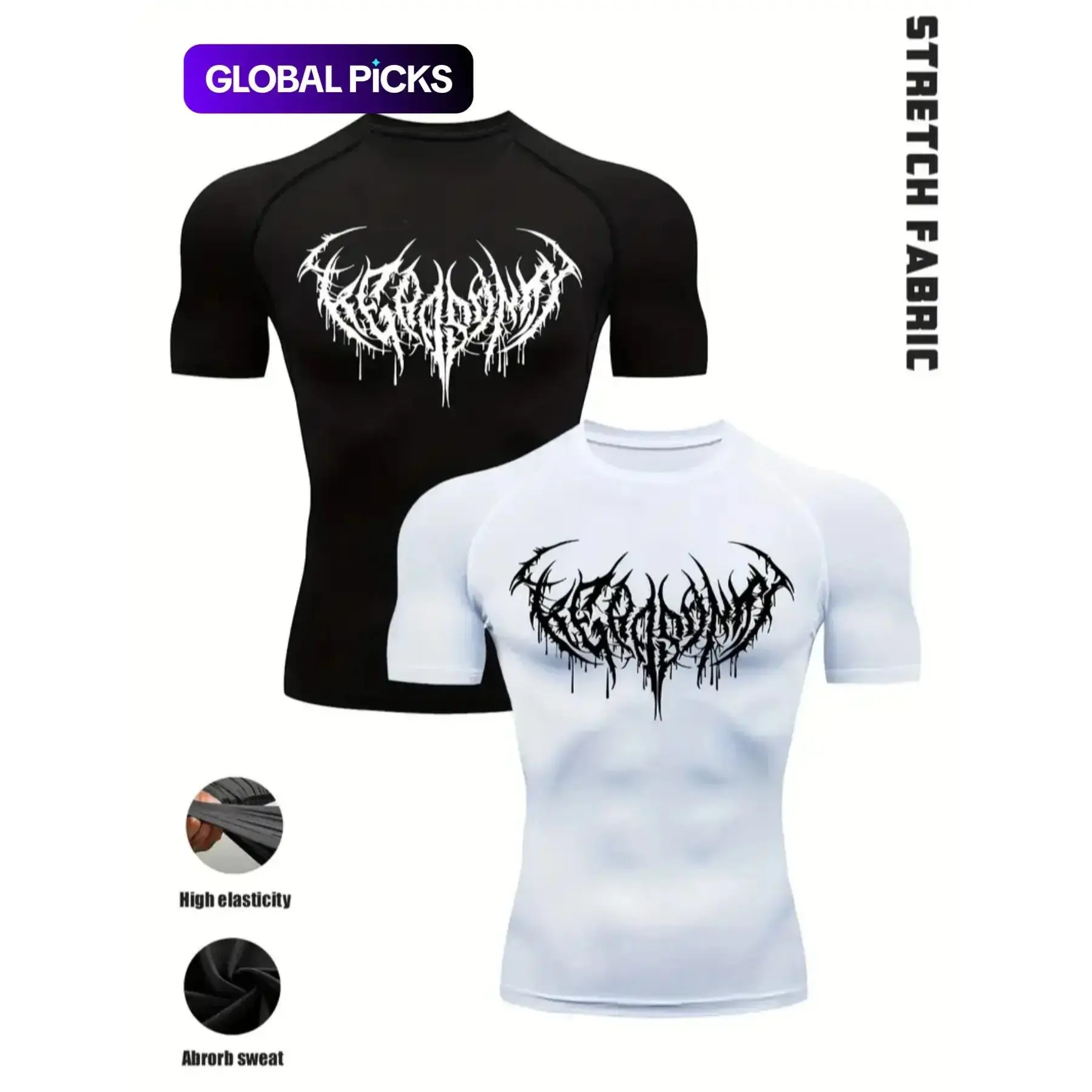 Men's 2-Pack Gothic Sporty Chic Workout T-Shirts, Print Design, Stretch-Fit Compression Tops, Polyester Blend, Black White Set, Ideal for Gym Training & Streetwear, Fitness Apparel