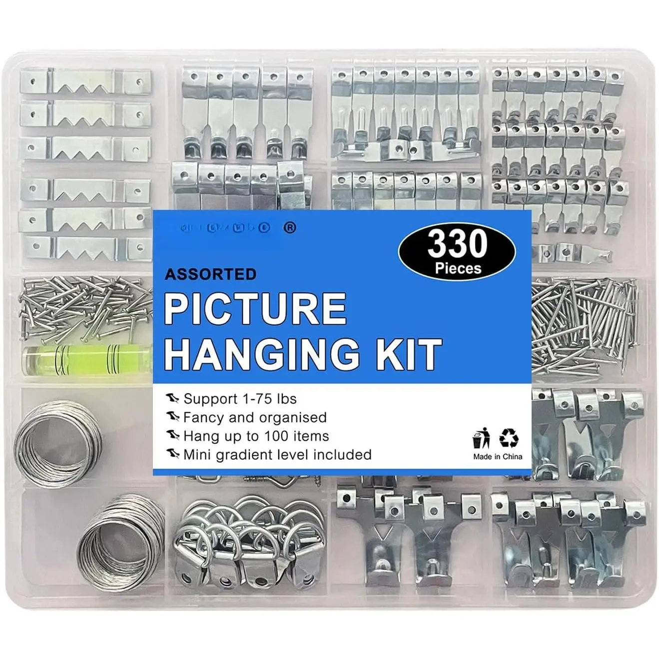330 count Picture  Kit - Wall Hangers, Nails, Wire, Screw Eyes, D Rings & Tool for Frame & Canvas Mounting