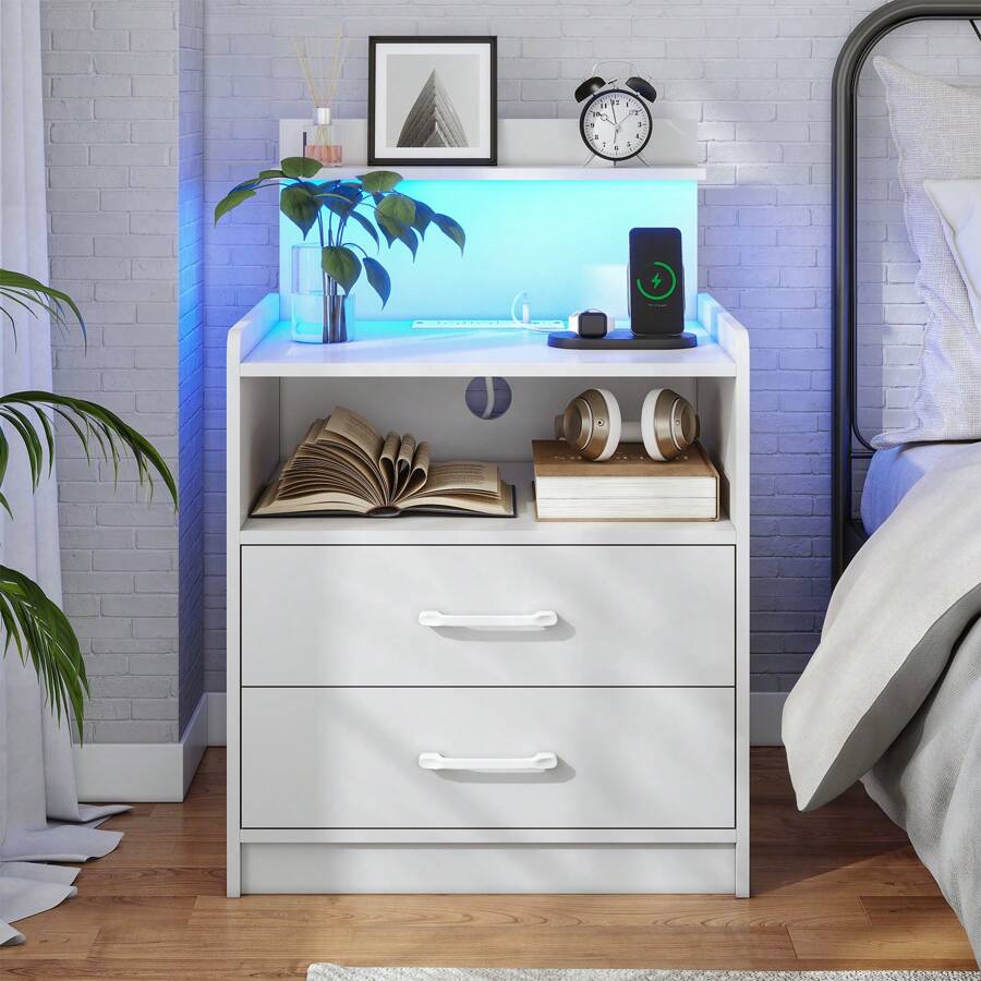 LED Nightstand with Charging Station, 2 Drawers & Open Storage, Bedside Table with LED Lights, USB Ports & Outlets, Modern End Table for Bedroom Living Room LED Nightstand with Charging Station, 2 Drawers & Open Storage, Bedside Table with LED Lights, USB Ports & Outlets, Modern End Table for Bedroom Living Room