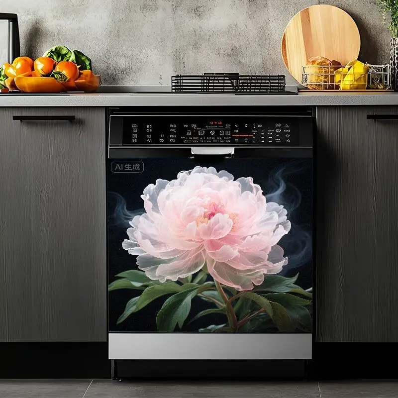 2D Flat 2Pcs Dishwasher Sticker Decal Pink Peony Flower Pattern Elegant Floral Design Waterproof Removable Kitchen Appliance Cover Home Decor Self-Adhesive Art Film Anti-Oil Anti-Scratch Decoration for Refrigerator Cabinets Door Furniture
