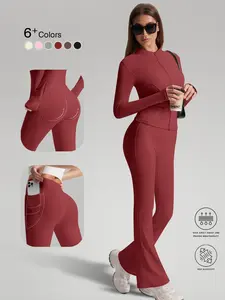 Women's Sporty Long Sleeve Jacket and High-Waist Yoga Pants Set, Quick-Dry, Slim-Fit, Plain Design, Ideal for Daily Wear, Running, Cycling