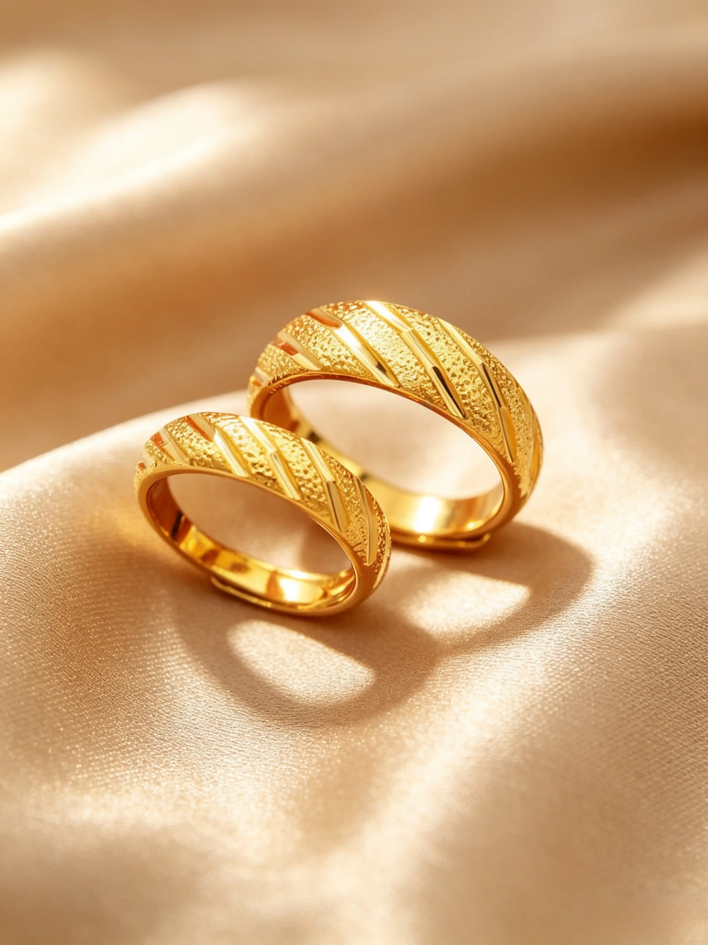 Vintage Striped Texture 24k Gold Plated Copper Couple Ring Set, Promise Rings Adjustable Matching Wedding Rings, Daily Wear Jewelry Gift for Couples
