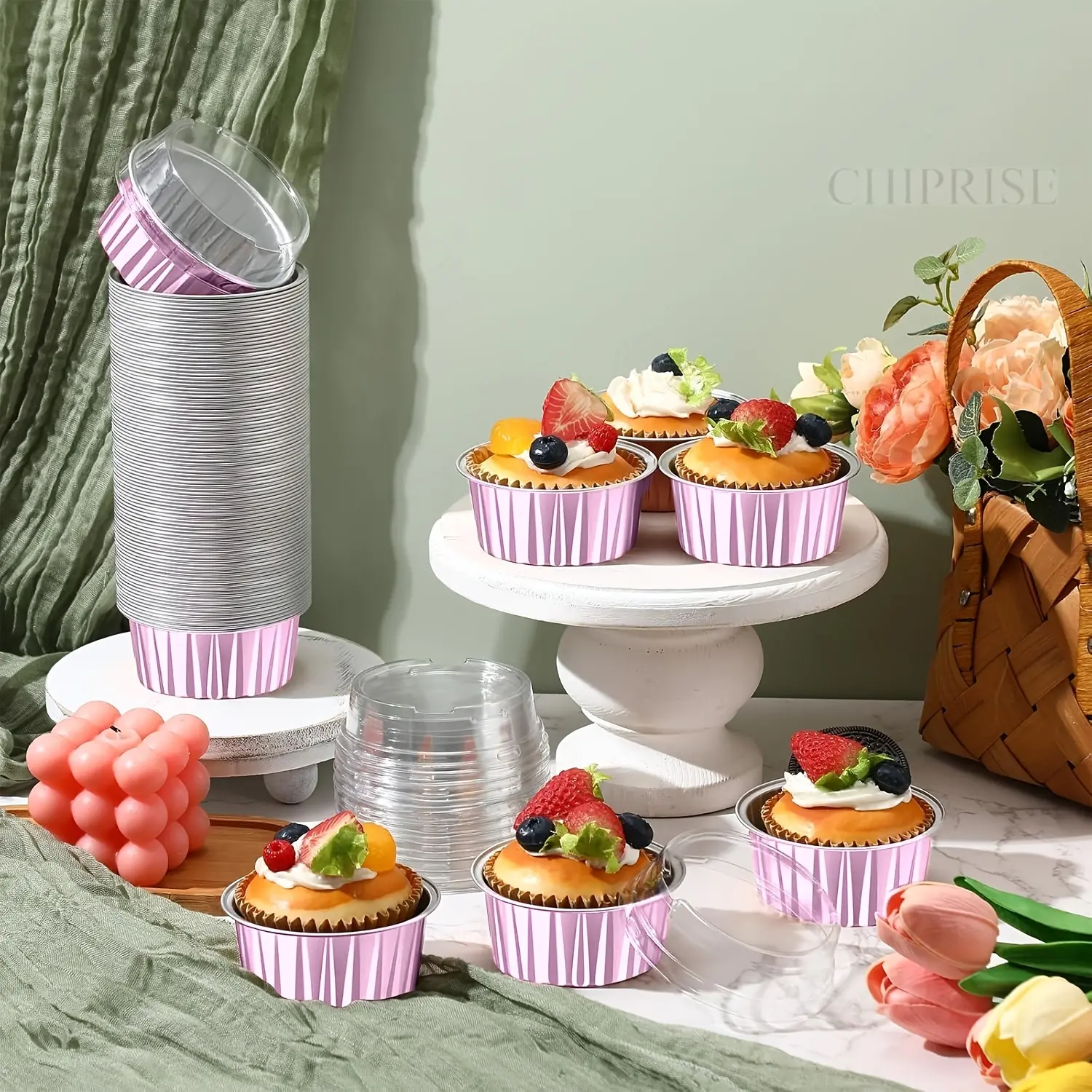 200pcs Set (100 Cups + 100 Lids) Mini Aluminum Foil Baking Cups With Lids, Pink, 5 Oz Capacity, Dessert Cheesecake Pan, Caramel Pudding Cupcakes, Bakeware, Suitable For Catering, Parties, Clubs, And Weddings