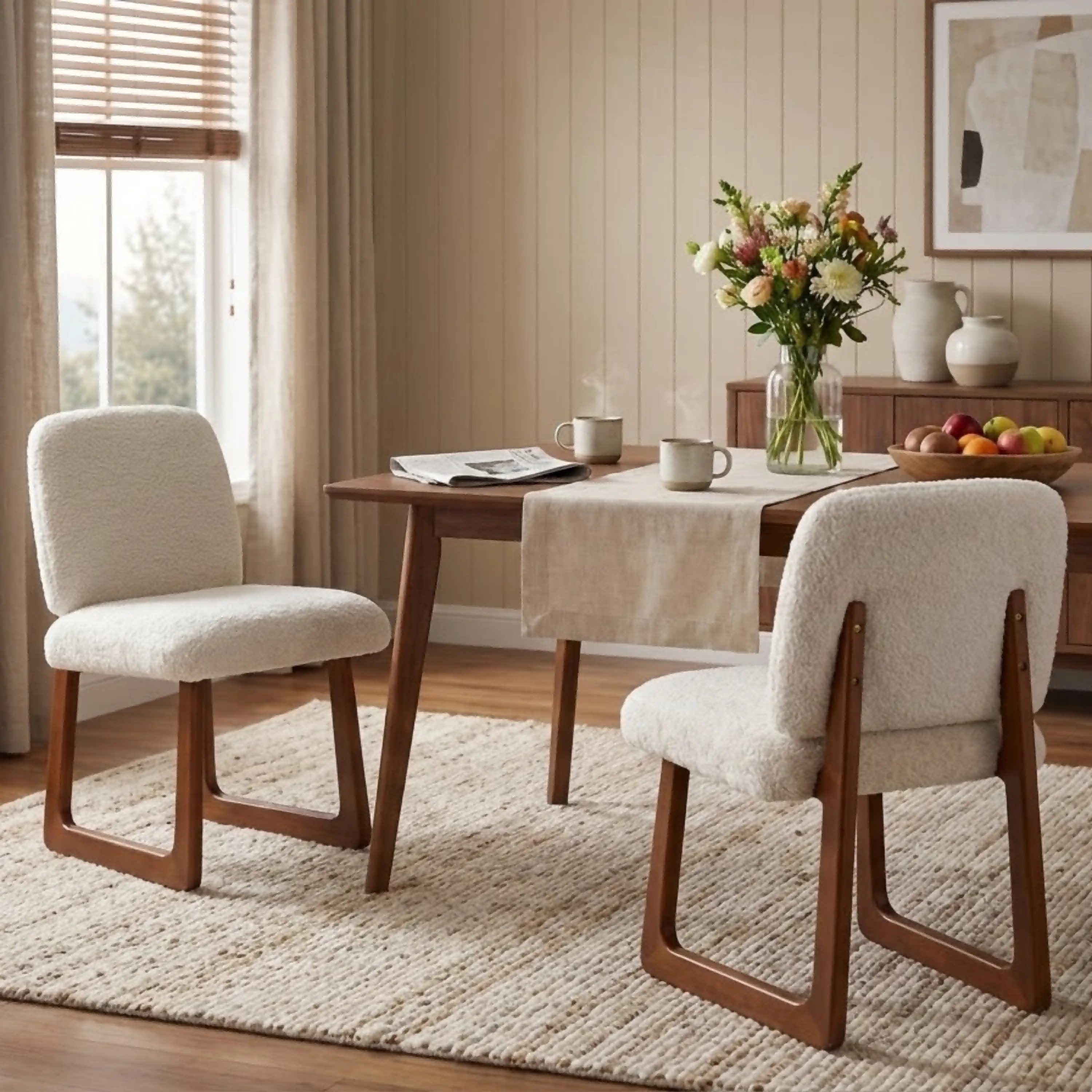Nokaa 2-Piece Plush Boucle Fabric Dining Chairs with Curved Wooden Legs, 300lb Capacity, Beige/Brown Options, Mid-Century Modern 2-Seat Accent Chairs for Dining Room, Kitchen, Curved Legs