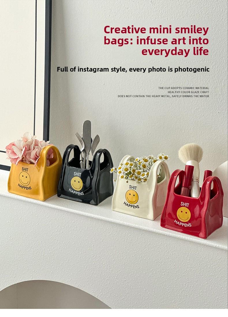 Unique handcrafted bag, creative ceramic pen holder for desktop, stationery storage box, small decorative makeup pen holder