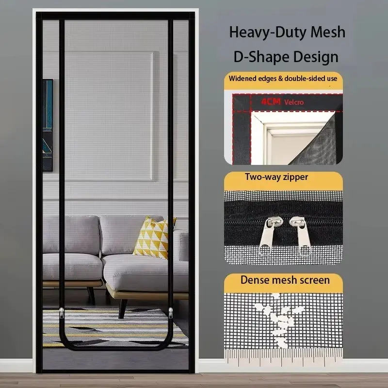 Zipper Soft Mesh Door, Anti-Theft, Mosquito Proof, Pet-Friendly, No Nails Installation, U-Type Ventilation, Silver Color, Cat Barrier Curtain, Mesh Zipper Doors