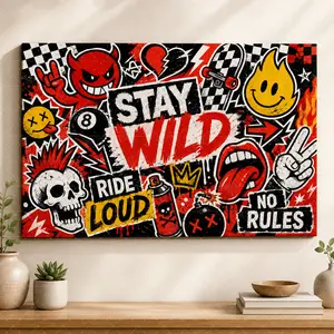 "Stay Wild Graffiti Canvas Art| Red Black Devil & Skate Print, Aesthetic Teen Room Decor, Punk Street Culture Statement Poster Gift",wall decor,poster.