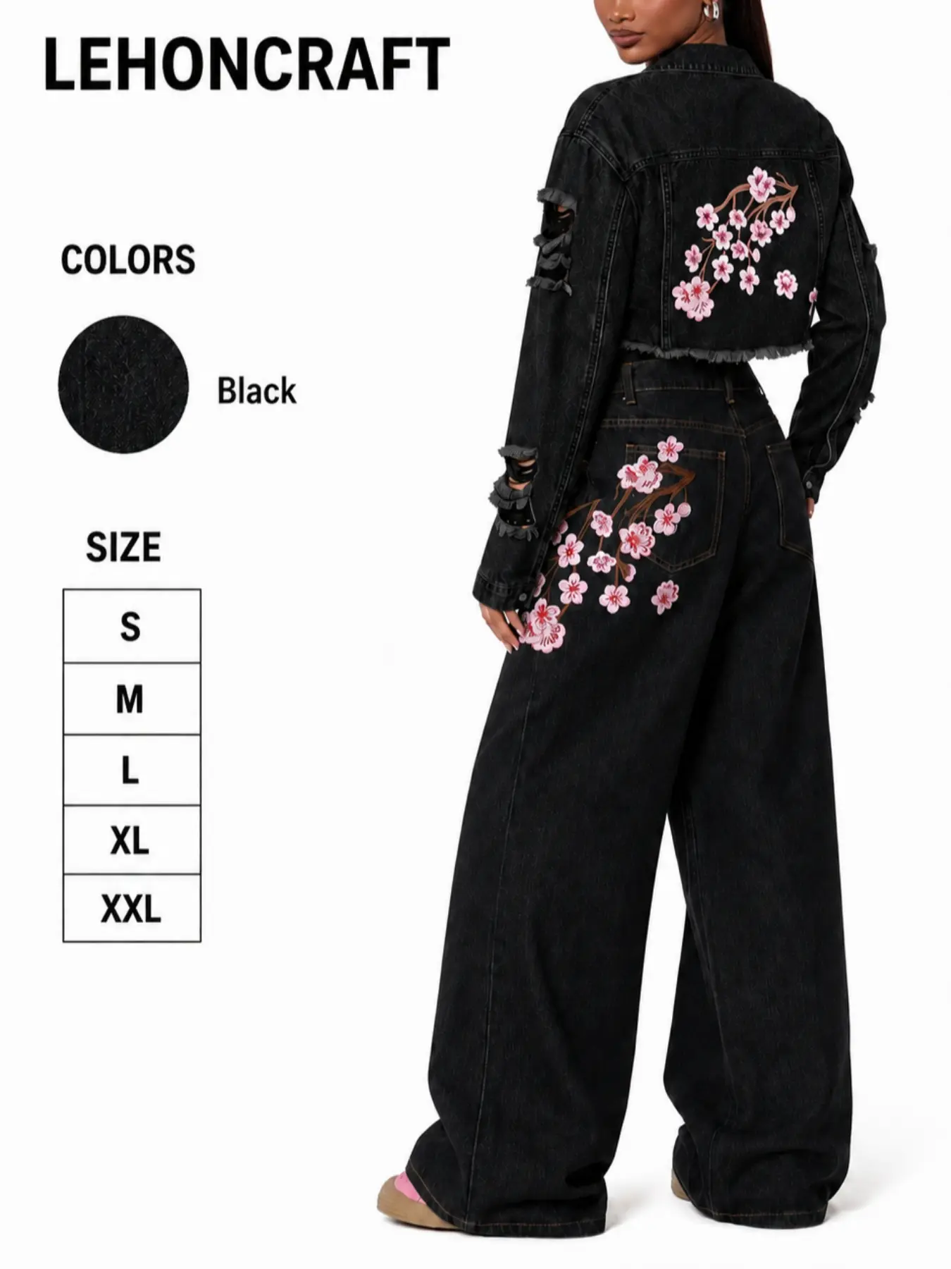 2 Piece Women’s Embroidered Denim Set, Distressed Cropped Jacket & High Waisted Wide Leg Jeans, Y2K Casual Streetwear Outfit