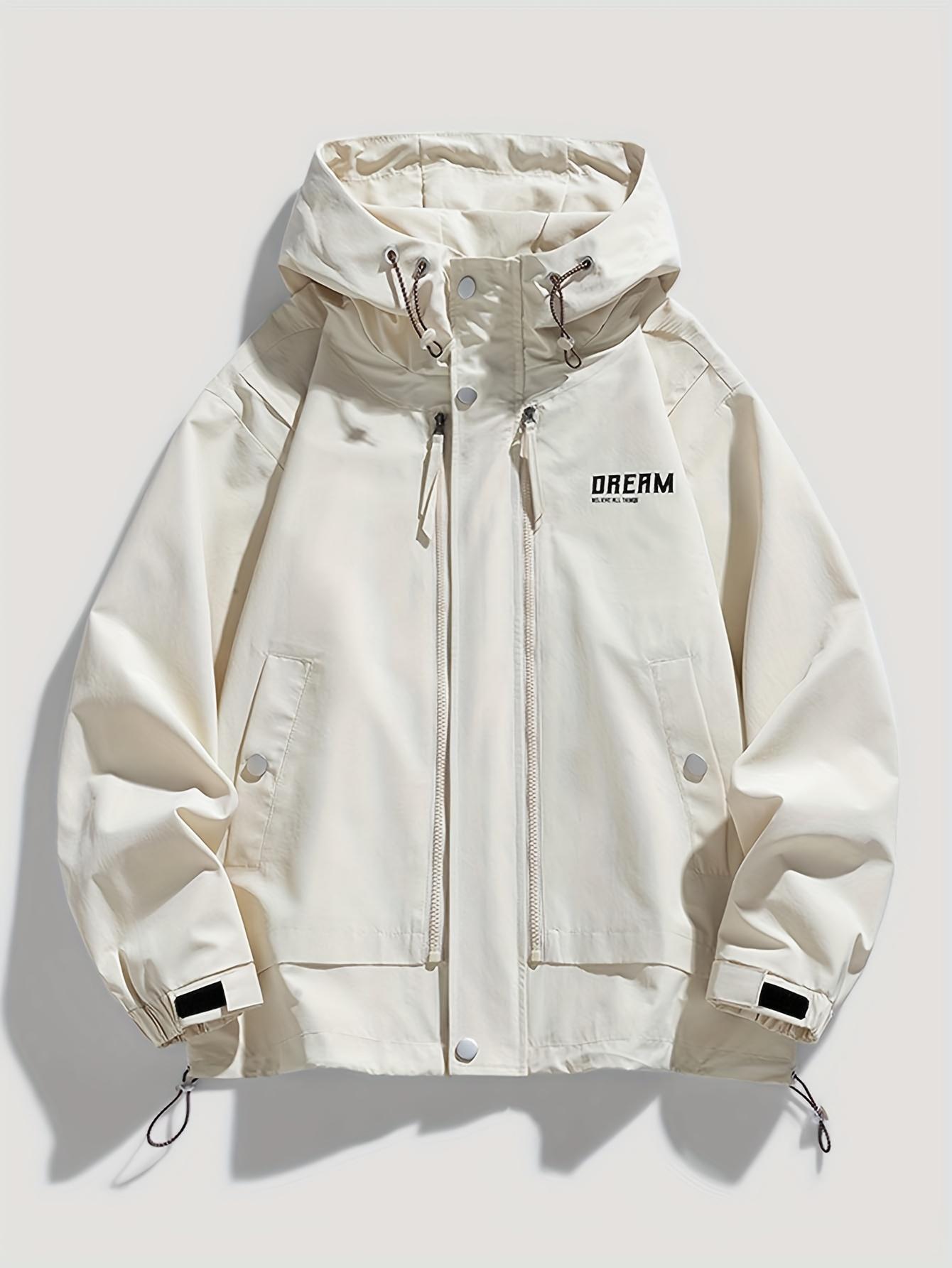 UOSO Men's White Hooded Jacket with Black Zipper & Loose Fit - Heavy-Duty Windproof Shell Coat for Hiking, Skiing, Snowboarding|   Spring/Fall Outdoor Jacket with Lettering & Logo Design, Pockets|   Winter Sports Apparel (No-Stretch Fabric, Hand Wash/Dr