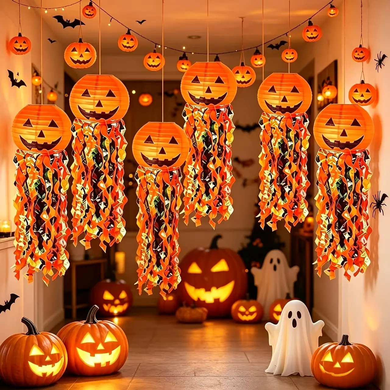 Halloween Jack-O-Lantern Ghost Decorations, Paper Pumpkin Lanterns with Streamers, Perfect for Indoor Halloween Party, Outdoor Yard, Home Decor, Trick Or Treat Event, Spooky Hanging Ornaments