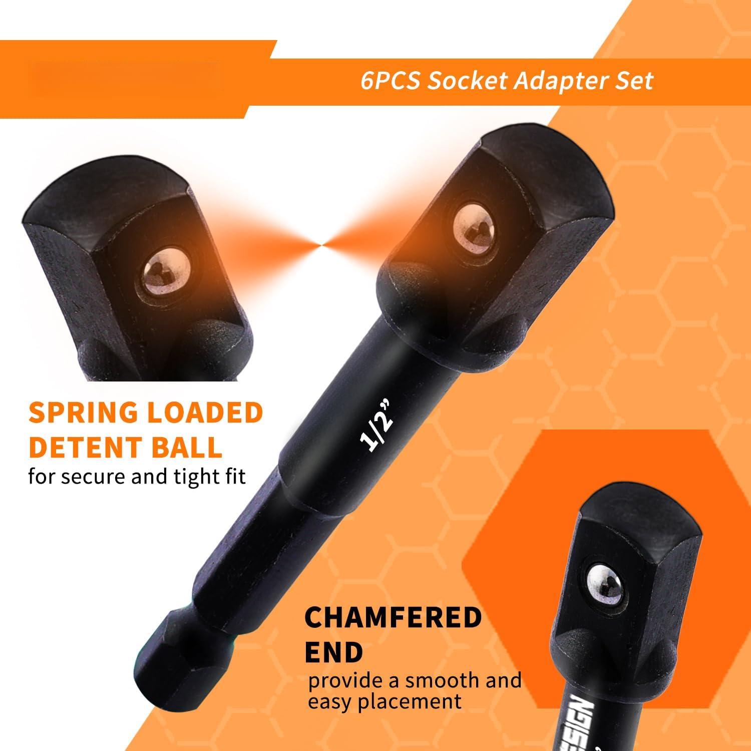 10" Long Impact Socket Adapter Set for Drill 6-, 10" and 3", Impact Grade Power Drill Sockets Adapter Set, 1/4", 3/8", 1/2" Hex Shank Impact Driver Socket Adapter.